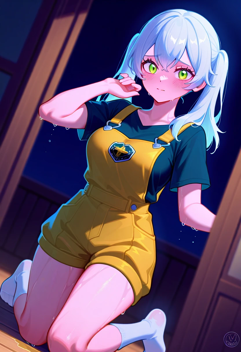 masterpiece, best quality, very aesthetic, absurdres, newest,1girl,naked_shirt, pussy_hair, ,Akali(league_of_legends),,cityscape, leaf, moon, night, night_sky, outdoors, sky, skyscraper,