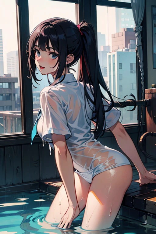 (La mejor calidad,4k,Altas Resoluciones),(realista:1.37),Shy and blushing,sexy,monos en el suelo,uniforme transparente mojado,Black lingerie,pantalon corto,Medias negras largas,Wet,empapado,abierta de piernas,Agua,(foto ),

(Cuerpo completo,anime),(vivid colors),(Soft lighting)
