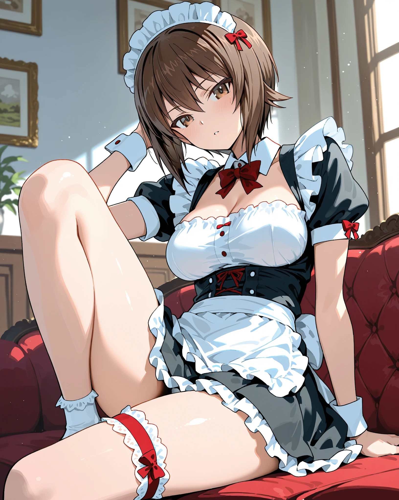 masterpiece, best quality, highres, kinomoto sakura, 1girl, brown hair, short hair, antenna hair, , green eyes, , white thighhighs, , standing, smile,(((lift skirt,panties))),from below,open legs,my room,(((maid costume))),miniskirt,small breasts