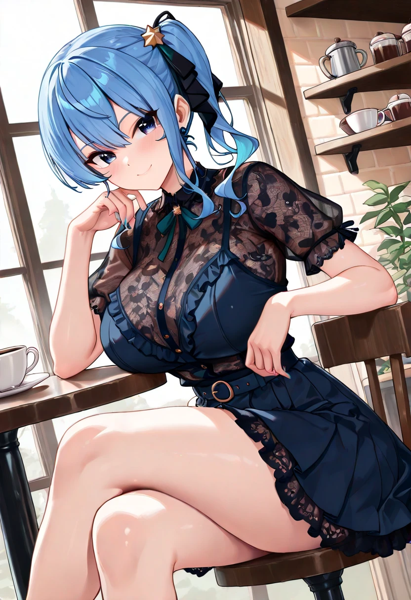 (masterpiece), (best quality), (ultra-detailed), 1 girl,rem, re zero, blue hair, short hair, gold eyes, cute, knit sweater, large boob , virgin killer sweater, (pumps), fishnet thigh high stockings, 18 years old, sitting, chinese style, indoors, sharp focus, looking at viewer, (intricate:1.1), brown theme, brown tone, spiked leather collar, illustration, more prism, vibrant color,virgin killer sweater, black thighband pantyhose,