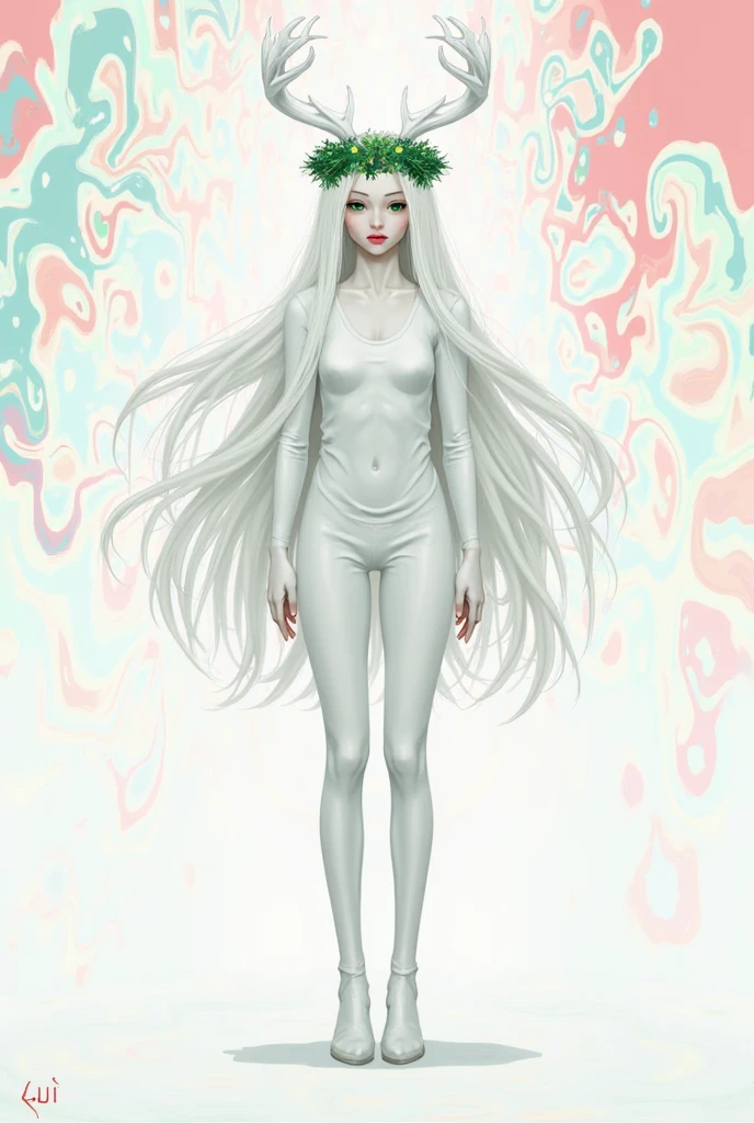 skinny, naked, very tall. anthropomorphically long skinny legs , Floating in the vastness of space in the galaxy. full-length naked. silver hair, in heels