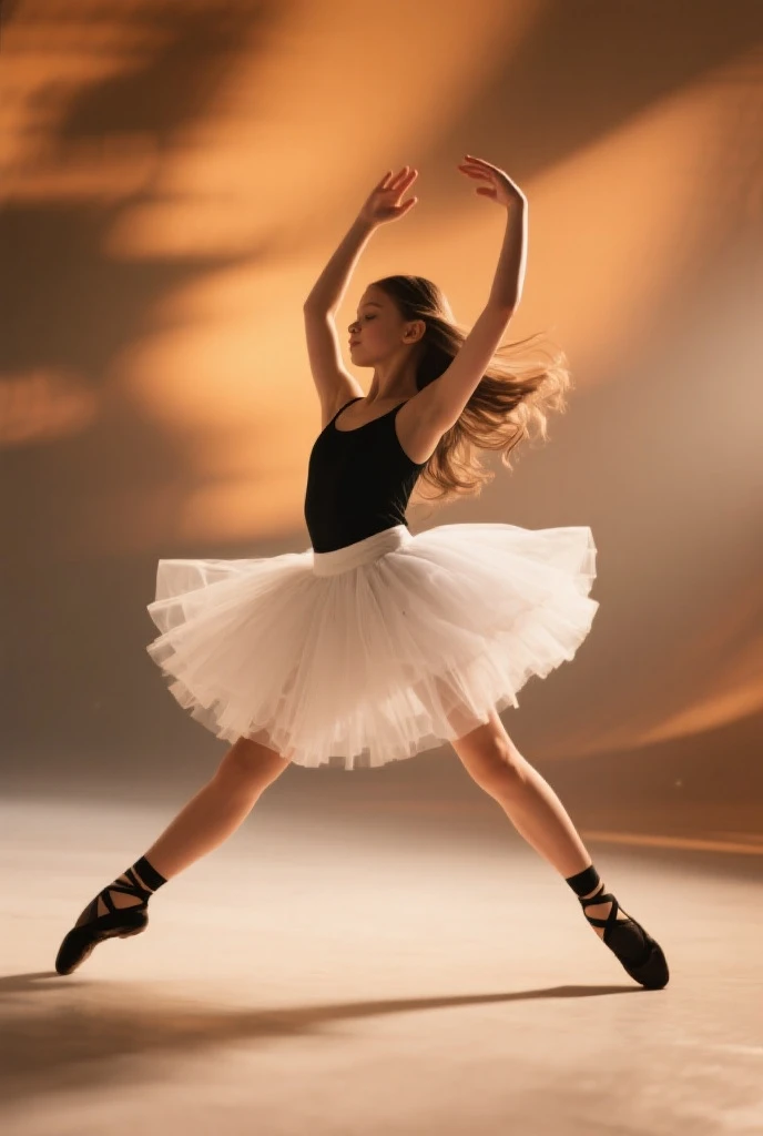 "In front of a deep black backdrop, a figure of middle years, her Tongan skin rich and glowing, is captured mid-twirl, her curly hair flowing like a storm behind her. Her attire resembles a whirlwind of marble and porcelain fragments. Illuminated by the gleam of scattered porcelain shards, creating a dreamlike atmosphere, the dancer manages to appear fragmented, yet maintains a harmonious and fluid form."