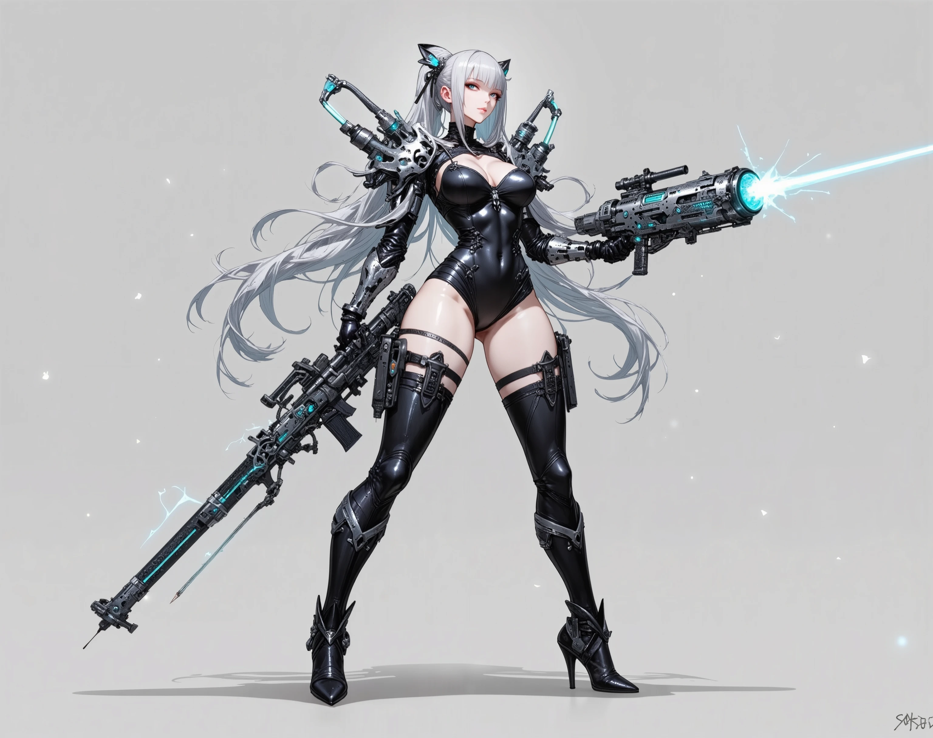 Japanese manga style character sheet of cyberpunk girl, front side and back, full body, white and black background, weapons and equipment, detailed, intricate