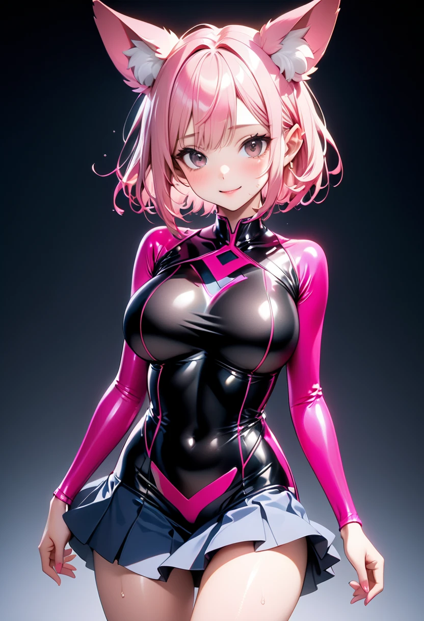 (((Racer suit, skirt))), ((Very shiny outfit)), skindentation, skinny, alone, solo, 1 woman, Masterpiece, highest quality, highest quality, 16K, incredibly absurd, highly detailed, 2.5D, ai-generated, delicate and dynamic, very delicate facial expressions, delicate eye depiction, erotic, only sexy woman, ((A cute and kind face)), healthy figure, ((25-year-old woman)), 160cm tall, ((medium firm swaying bust)), medium breasts, (short hair), (pink hair:1.5), bob cut, black eye, blush, Sweat,Embarrassed,sexy, ((thin thighs)), (camel toe:0.7), (visible nipples:0.5), (Erect nipples,:0.7), shiny and lustrous, facing straight at viewer, smile, ((Oily_skin)), dark skin, ((standing)), ((arm at side)), ((erotic pose)),