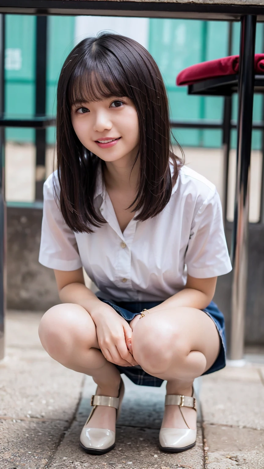 master piece, Best Quality,(12 years old Japan girl:1.5),(Looks like you're about to cry:1.3) ,(M-shaped legs spread on a park bench:1.8),(Junior high school girls' summer clothes and hairpins:1.8),Brown eyes,(Small:1.7),(Smooth straight hair:1.5),(Slender body,Skinny Legs),A detailed eye,Very white skin,Letting down your bangs,Detailed body,Detailed hand,No makeup, full body Esbian, Smile,Smile showing white teeth,