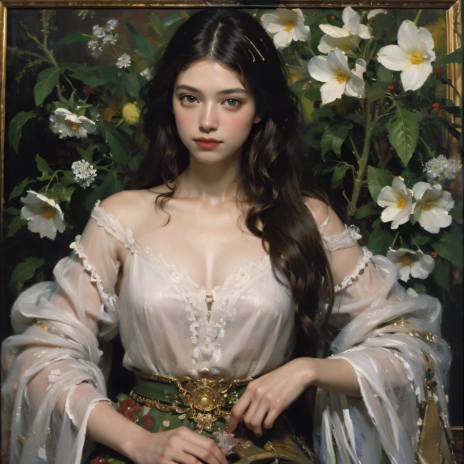 a paradise，angelicales，Masterpiece, ornate frame, Detailed, Delicate gold frame, Intricate details, Hyperrealistic, high resolution, oil art, Extremely detailed, Photorealistic, Stylized, elegant, Classical art, conceptual art, CLASSICSTYLE, Large frame oil painting, Symbolism, Chiaroscuro, Rococo art