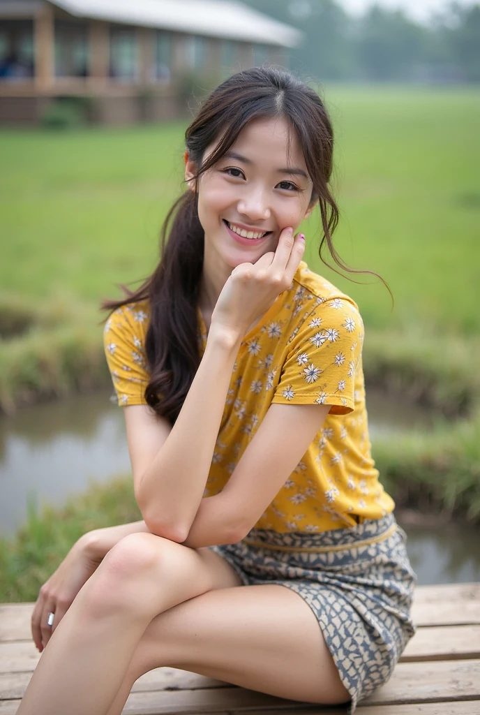 (cowboy shot),Ultra-high resolution,big eyes,(brown eyes),Japanese,(forehead),(a girl),(1 girl),((17 years old)),((cute)),pretty,((facing at viewer)),arms behind back,grin,outdoor