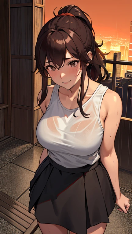 sexy woman, mature, big boobs, curvy, black hair, brown eyes, slick back, t-shirt, without pants, sweating, smile, rooftop, house, outdoor, night time, (best quality), (masterpiece:1.5)