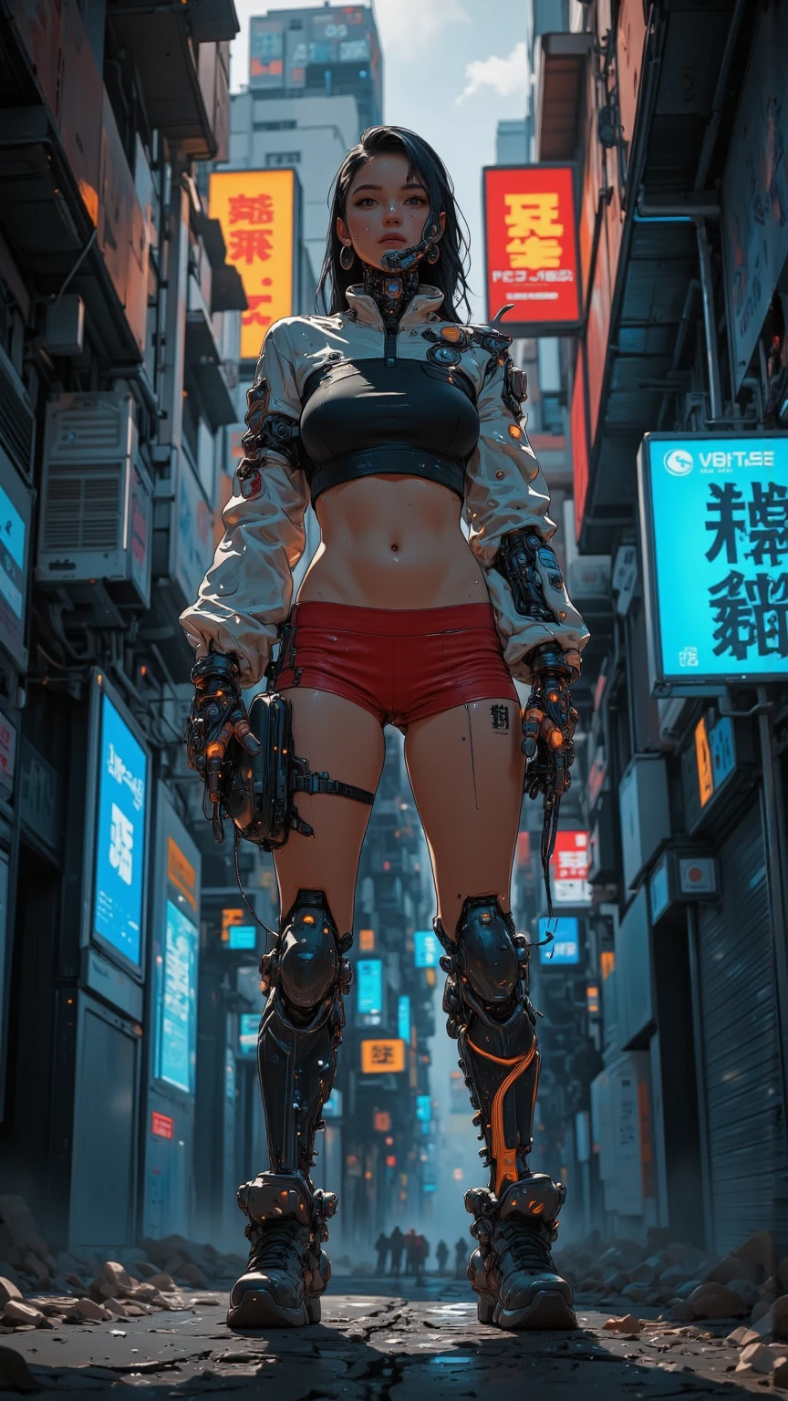 Woman body defined thick thighs cybernetic body parts, short underwear