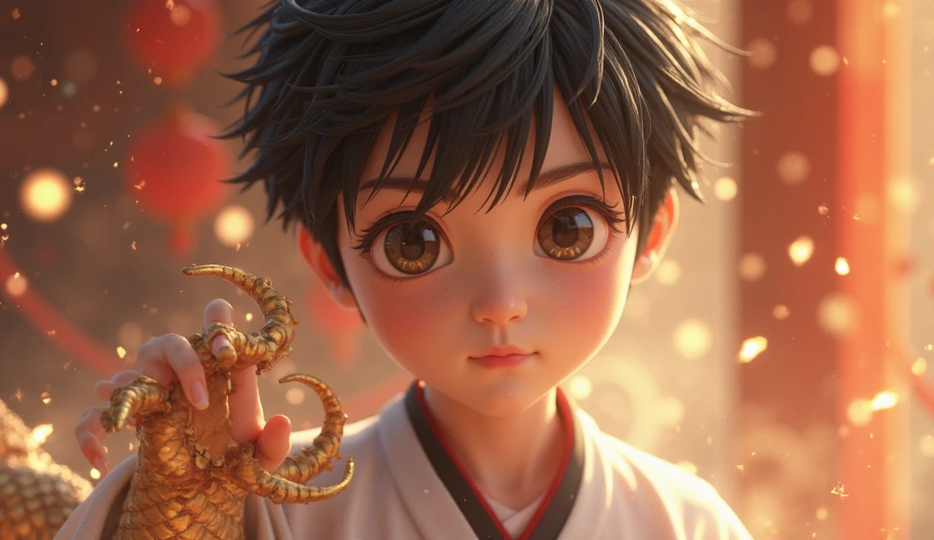 Super cute little boy,country style,Hanfu,Accompanied by sika deer,There are petals in the air