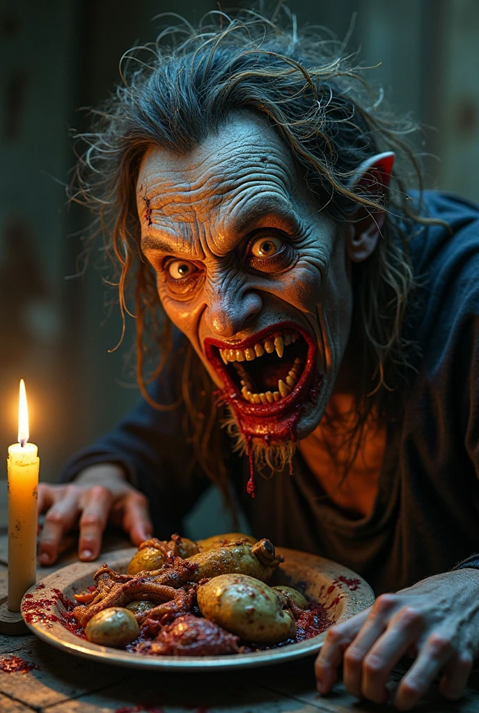 Eine gruselige Zombie Geburtagsparty .Verschiedene Szenen.ein zombie pustet Die Kerzen einer ekligen Geburttagstorte  aus.Geschenke und Party asscessoirs sind alt dreckig und verottet,A zombie laughs wickedly at the camera,sehr detailliert,fotorealistisch,In einem heruntergekommenden Haus,creepy atmosphere,inspiriert von Guillermo del Toro,filmisch