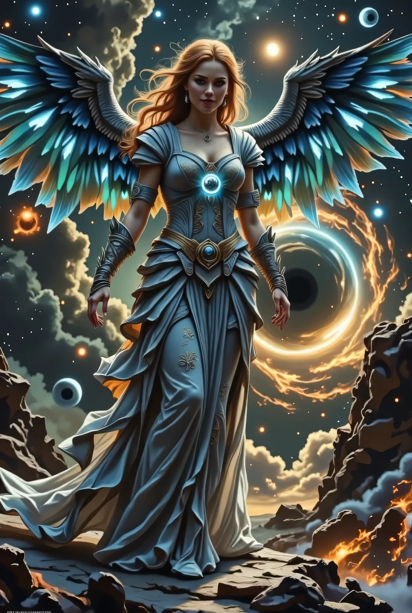 . A gorgeous, caramel skin nubile goddess with a tall voluptuous physique, adorned in a see thru, tightly wound embroidered gray gown with sacred equations and esoteric symbols woven in shimmering gold and silver thread, her diaphanous gown draping elegantly across her shoulders, stands tall amidst a breathtaking celestial fantasy, star-studded celestial expanse, with majestic feathery blue and green wings unfolding from her back like a shimmering aurora. Her seraphic visage is crowned with wild, windswept bronze hair, and a smoldering dark eyed gaze greets the viewer, in an elegant long legged flattering pose she weaves an incantation and smiles at the viewer boldly. As a silver moon pendant pendant suspended from her neck glows like a beacon, it radiates an otherworldly aura. Behind her, a titanic, cosmic maelstrom churns, as the universe itself bends to her will, with glimmering phantasmagoria and black holes surrounding her and behind in a photorealistic style blending the dark, mad-arcnsmbls mystical elements of Gerald Brom's Gothic fantasy art, the vibrant, fantastical depth of Noah Bradley's dreamscapes, and the visionary, ethereal aesthetic of Andrew Gonzalez's cosmic landscapes, with meticulous attention to intricate details, believable texture, and atmosphere. Planet