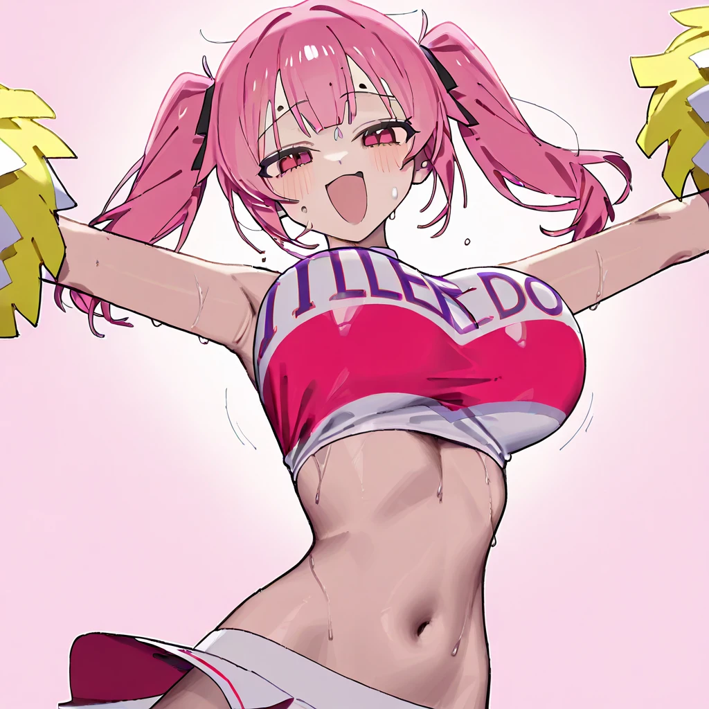 (Perfect body),Best Quality,16 K,(((((Lori)))))、(NSFW)、(((((Brown skin))))),blush、(:D)、One eye is closed、(V-shaped eyebrows)、embarrassed from,(((Short hair))), (((Orange Eyes))),((((Pink hair)))),(Sweat),((((Wavy Hair)))),Ahoge,Light green hair clip,(white knee-socks),((Big ass)),(Yellow camisole)、(Pink ruffled mini skirt)、((cheerleaders))、((Light blue striped panties))、(((((Big breasts)))))、(((thick thighs)))、((Pom-poms in both hands))、Armpits、(((short in stature)))、((((posterior view))))、(in poolside)