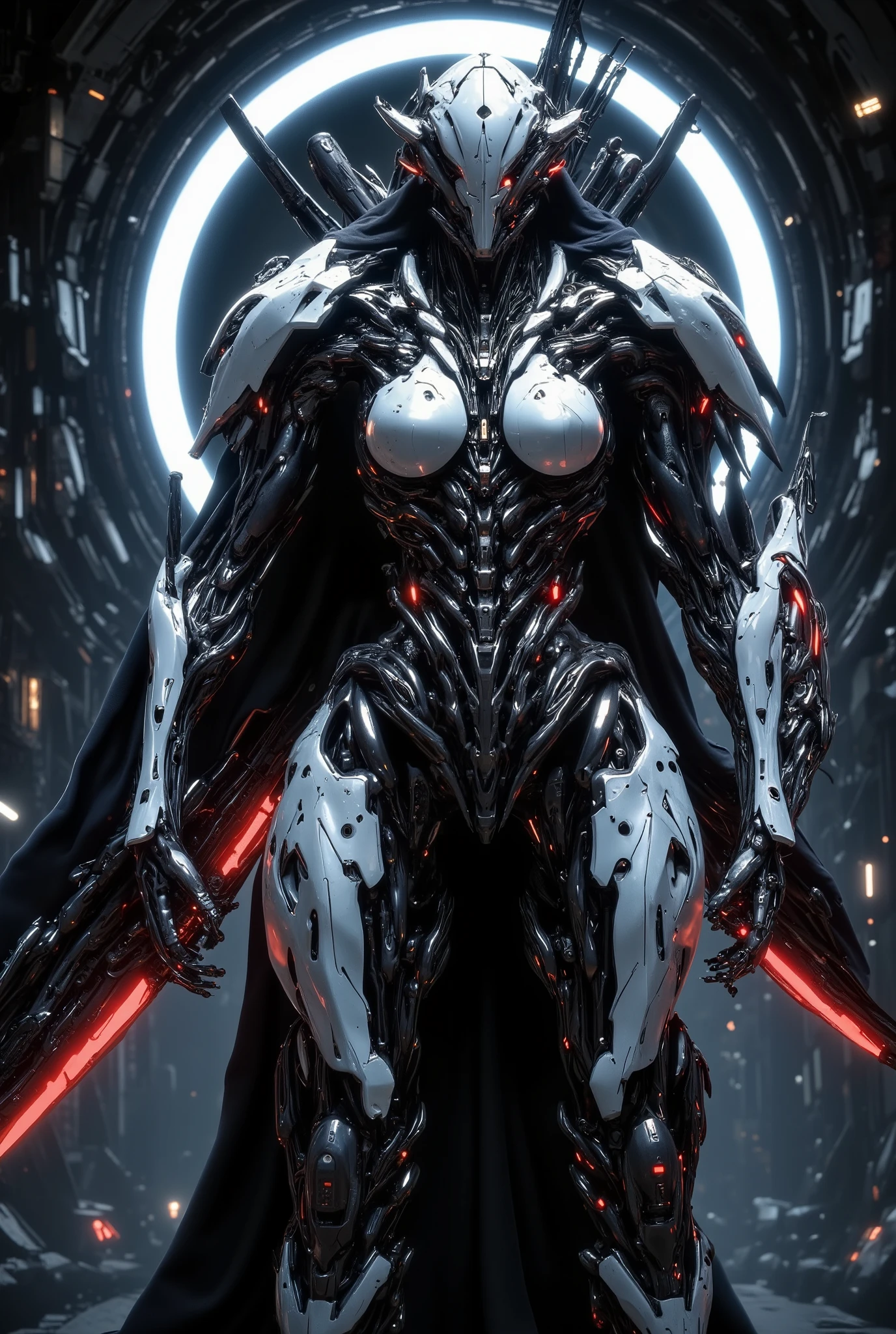 The high resolution photograph 8k, Design your battle-damaged Cyborg and reveal the rugged beauty of mechanical life! Female Cyborg with huge breasts, Archer-Cyborg Type, Half-Ripped Hands By Monster.