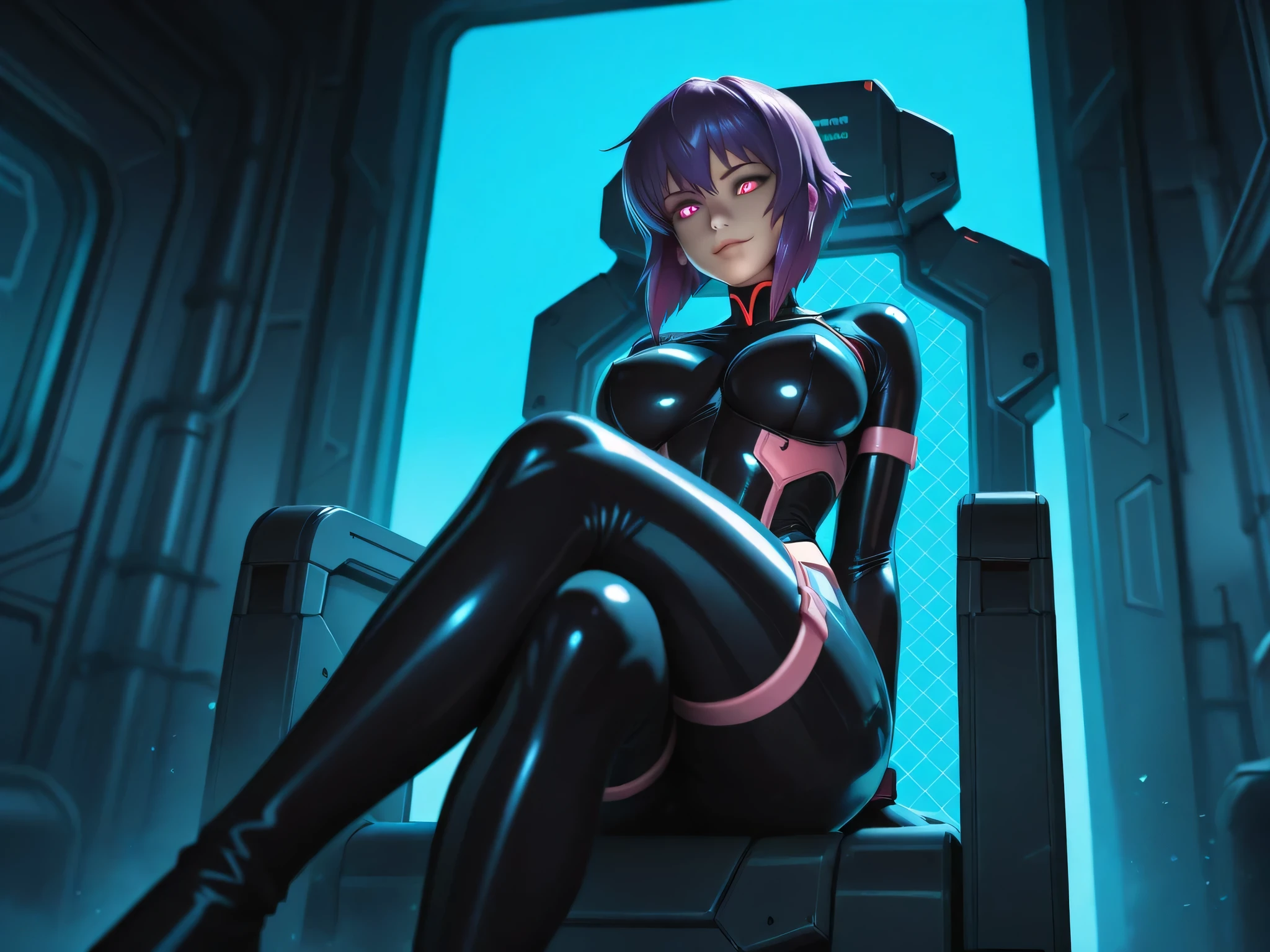 Motoko Kusanagi, from Ghost in the Shell, sitting confidently on a high-tech cybernetic throne, sensual pose, legs crossed, enhanced bust, seductive body language, soft confident smile, glowing detailed violet eyes, ultra-detailed facial features, short futuristic hair with purple highlights, glossy tight black bodysuit with chrome elements, biomechanical details visible on arms and thighs, surrounding her are floating data streams, neon blue and pink lighting, reflections on metallic surfaces, ambient fog, cyberpunk background with industrial walls and glowing conduits, floating dust particles, soft glow around her, cinematic shadows, high realism, 8k ultra resolution, no distortions, no watermark, perfect lighting, futuristic atmosphere, cyberpunk throne room with dynamic background lighting