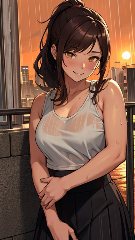 sexy woman, mature, big boobs, curvy, black hair, brown eyes, slick back, t-shirt, without pants, sweating, smile, rooftop, house, outdoor, night time, (best quality), (masterpiece:1.5)
