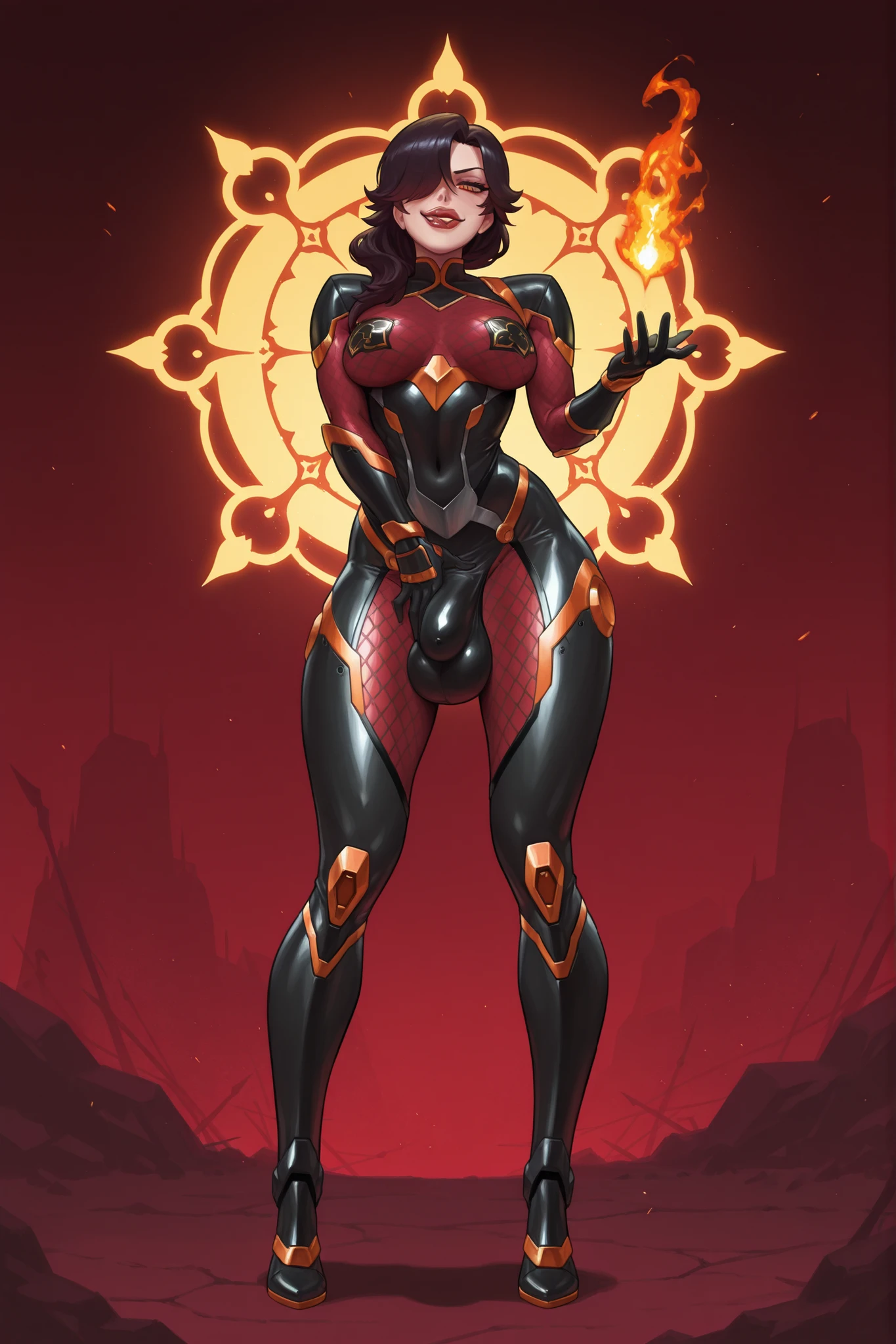 master piece, high quality, 4k uhd,hires, source_anime, solo, cinder fall from rwby, eye shadow, black hair, hair over one eye, looking down at viewer,evil licking lips , amber eyes,(dark_red mesh taimanin body suit with orange_jewels and glowing_orange_lines, mesh clothing windows, armored bodysuit, black_lace pasties, orange jewls,dark red lips, futanari ,veiny penis bulge, large testicle bulge, medium breasts, wide hips, casting fire spell with hand, hand on crotch, universal lighting, (bellow view), full body