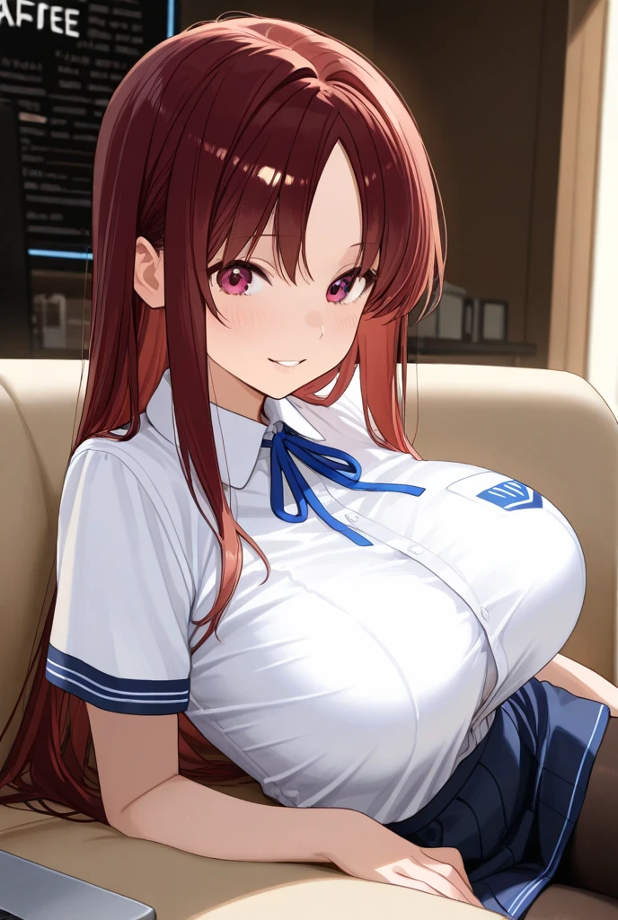 masterpiece, highest quality, estelle, cropped jacket, green shoulder pad, ,tan shirt, (cleavage), Orange skirt, belt, Brown handbag, white stockings, blush, huge breasts, NSFW, ,black hair, classroom, squat under the desk, Hide under the desk, close up girl, blowjob, Drool, penis, look up, Sitting Man, the girl is between the guy's legs