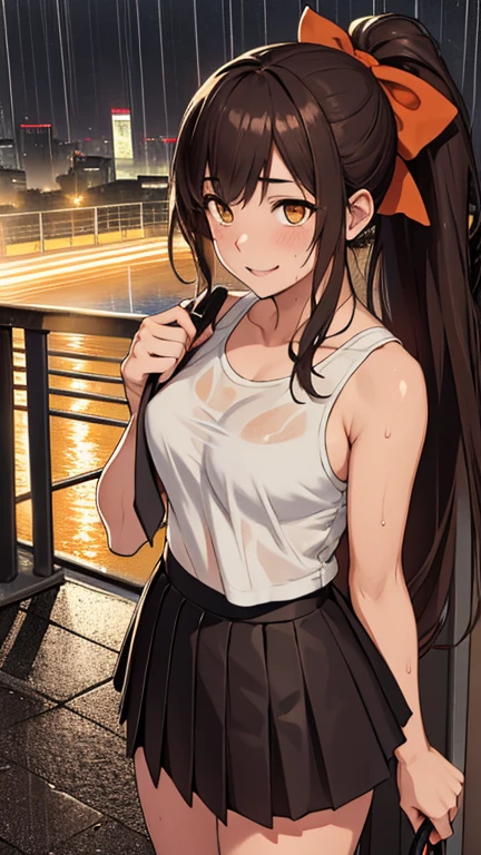 (((masterpiece, highest quality:1.3,absurdres))),cowboy shot,18 year old beauty,solo,((very small head:1.4)),ponytail hair style,long hair,blunt bangs,black hair,glay eyes,A proud smile,blush,medium breasts,((very long body,slender body)),skinny,gleaming skin,shiny skin, ,(White short sleeve T-shirt, Red Ringer Neck, school gym red buruma)、white sneaker shoes, ,standing,School rooftop、at night、moonlight、