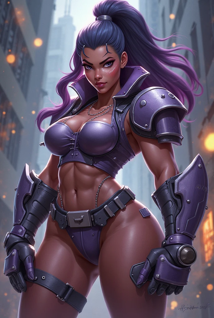 masterpiece,best quality,extreme detail,8k,image sharpness,<lora:betty:0.8>, betty2,1girl,solo,long hair,breasts,large breasts,gloves,holding,animal ears,cleavage,jewelry,medium breasts,weapon,purple hair,pantyhose,earrings,shorts,belt,dark skin,nail polish,dark-skinned female,gun,strapless,makeup,detached collar,night,glowing,lipstick,lantern,argyle,explosive,argyle legwear,purple lips,
