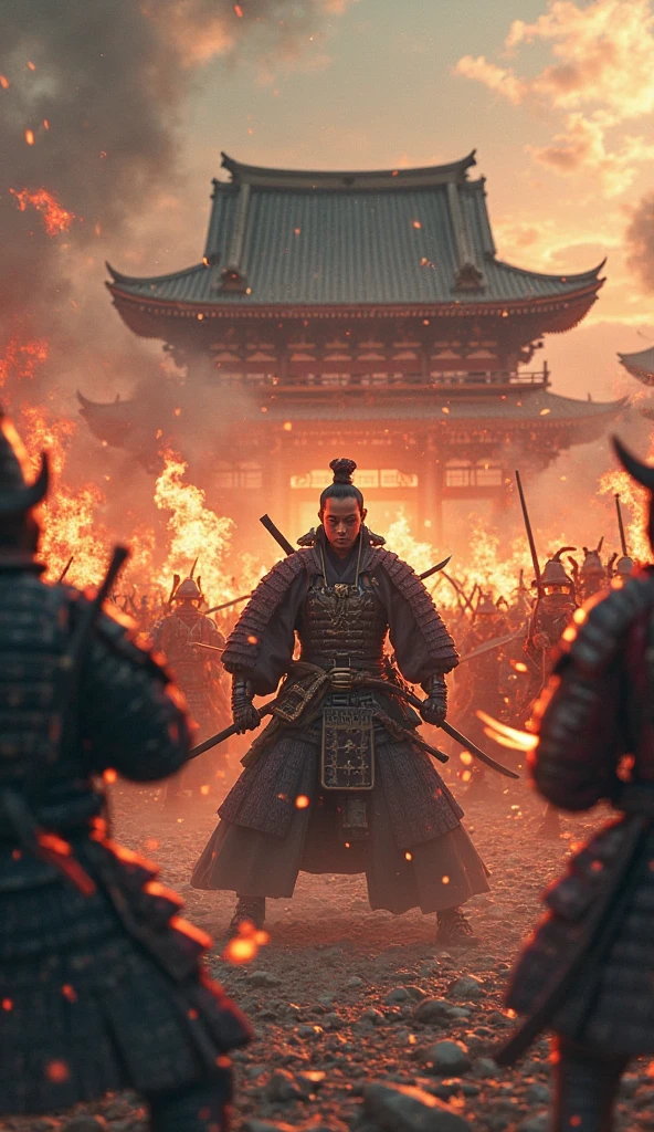 ハイビジョン映像では、本能寺事変当日の夜明けの戦闘シーン(戦国時代の京都の本能寺)　織田信長のクローズアップ、白兵戦、織田信長自身が戦っている、複数の火が焚かれ、武士が戦っており、戦場の中心にいた織田信長が敵に包囲され、甲冑を着た武士がおり、激闘のディテール、高解像度の戦場、本能寺での接近戦、戦場のスポットを動画解像度{×}で映し出される高解像度の戦闘マーク、激闘シーン、高解像度デジタルペイント、戦国時代の戦時時代、細部までこだわった風景。