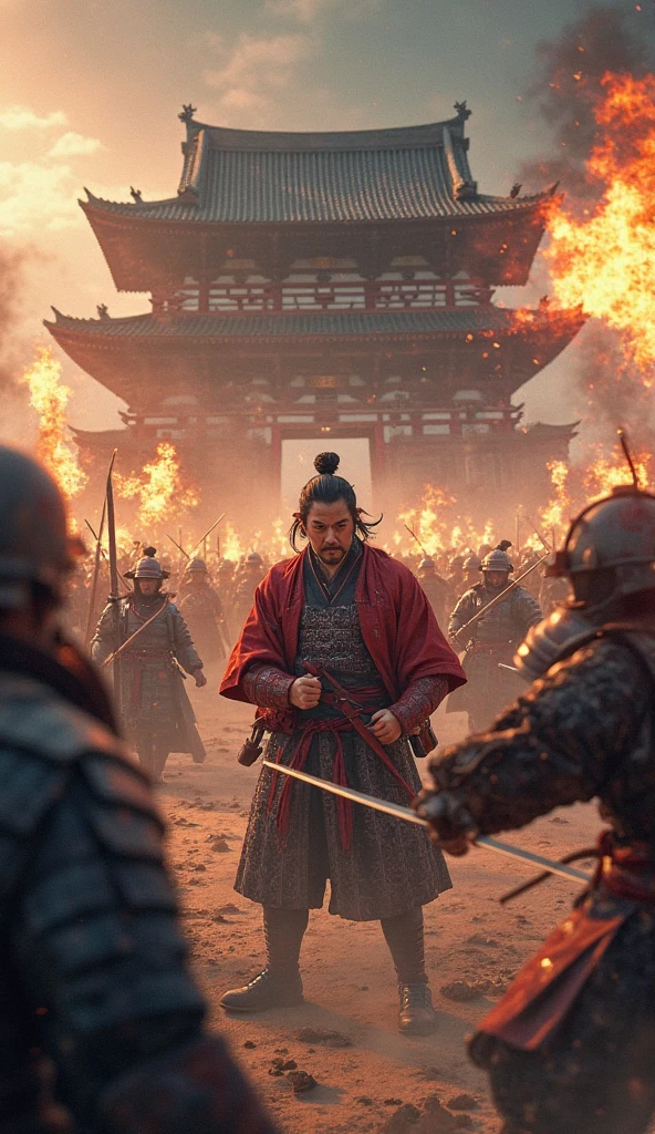 ハイビジョン映像では、本能寺事変当日の夜明けの戦闘シーン(戦国時代の京都の本能寺)　織田信長のクローズアップ、白兵戦、織田信長自身が戦っている、複数の火が焚かれ、武士が戦っており、戦場の中心にいた織田信長が敵に包囲され、甲冑を着た武士がおり、激闘のディテール、高解像度の戦場、本能寺での接近戦、戦場のスポットを動画解像度{×}で映し出される高解像度の戦闘マーク、激闘シーン、高解像度デジタルペイント、戦国時代の戦時時代、細部までこだわった風景。