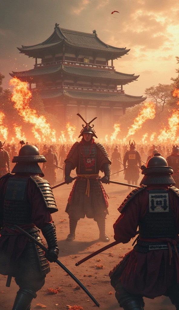 ハイビジョン映像では、本能寺事変当日の夜明けの戦闘シーン(戦国時代の京都の本能寺)　織田信長のクローズアップ、白兵戦、織田信長自身が戦っている、複数の火が焚かれ、武士が戦っており、戦場の中心にいた織田信長が敵に包囲され、甲冑を着た武士がおり、激闘のディテール、高解像度の戦場、本能寺での接近戦、戦場のスポットを動画解像度{×}で映し出される高解像度の戦闘マーク、激闘シーン、高解像度デジタルペイント、戦国時代の戦時時代、細部までこだわった風景。