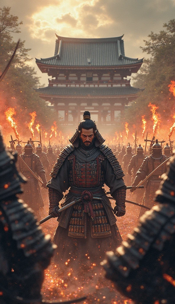 ハイビジョン映像では、本能寺事変当日の夜明けの戦闘シーン(戦国時代の京都の本能寺)　織田信長のクローズアップ、白兵戦、織田信長自身が戦っている、複数の火が焚かれ、武士が戦っており、戦場の中心にいた織田信長が敵に包囲され、甲冑を着た武士がおり、激闘のディテール、高解像度の戦場、本能寺での接近戦、戦場のスポットを動画解像度{×}で映し出される高解像度の戦闘マーク、激闘シーン、高解像度デジタルペイント、戦国時代の戦時時代、細部までこだわった風景。