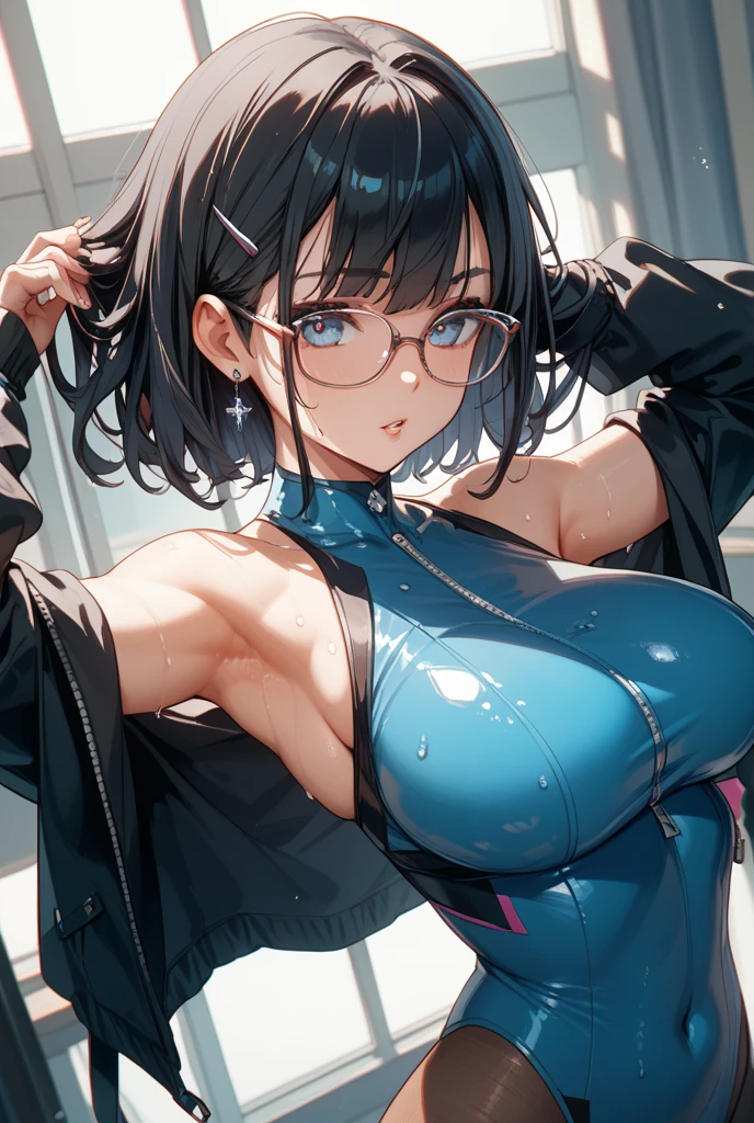 1girl,18yo,perfect hands, perfect finger,perfect anatomy, masterpiece, best quality,realistic, hyperrealistic, 16k hdr,, aamii, short hair, black hair, blue eyes, glasses, (see through nike bodysuit:1.2),outdoor,standing,(sweat:1.3),(happy smile),large breasts,upper body,