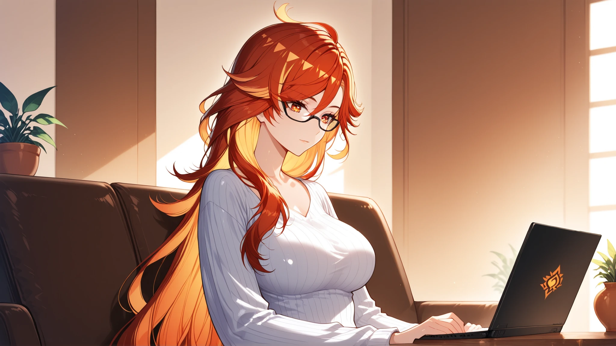 mavuika (genshin impact)a young woman sitting on a couch with a laptop, wearing glasses and a striped sweater. the image also shows a cozy indoor setting with a potted plant and a wooden table in the background. on the middle of the image, a 20-year-old woman with light skin, long red hair, and black-framed glasses appears to be relaxed, sitting with her legs crossed, wearing a teal and white striped long-sleeve top. she has a calm expression on her face and is looking down at the laptop screen in front of her. the lighting is soft and warm, creating a cozy atmosphere. orange eyes, unrivaled beauty, shiny skin, porcelain skin, cool tone, good-looking, large breasts, ufotable, very long hair, two-tone hair, red hair, orange hair colored inner hair, streaked hair