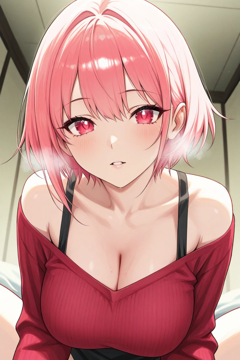 realisticlying、45-year-old girl、Polo shirt,Face enhancement,Chest super large zoom,Cleavage emphasis,Looking up from the bottom,Blushing,Red lips,A sexy,Bed sit,Open your mouth wide