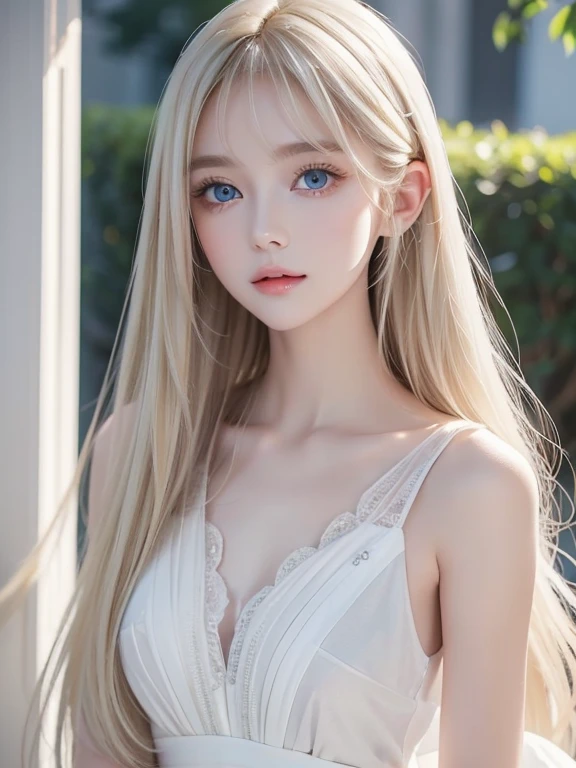 European and American women, model fashion, Wearing a cute white dress, glamour, paparazzi taking pictures of her, hair blonde, eyes browns, 8k, high qualiy, work of art, 最high qualiy, High definition, very detailled, volumetric lighting, realisitic,