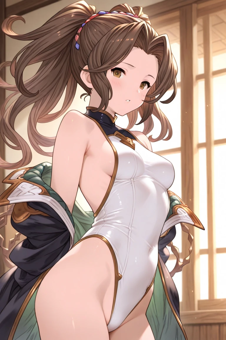 ((highest quality)), ((masterpiece)), (detailed), Perfect Face, ((highest quality, 8k, masterpiece: 1.3)), Sharp focus Beautiful woman with perfect body, Slim abdomen, Highly detailed face and skin texture, Fine grain, double eyelid, Brown Hair, Low Twin Blade, Hair Flowers, Heart Earrings, From behind