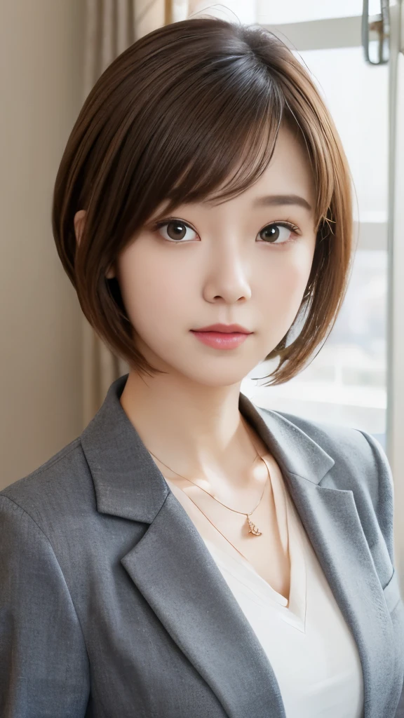 Neat and young woman、looking at camera、office lady suit、gray jacket、shirt、necklace、hairstyle shortcuts、耳にピアス、ネックレス、 pale brown hair、upper body、The background is room cleaning