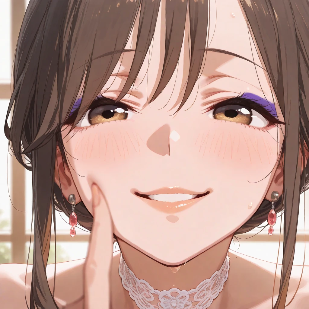 Masterpiece,Highest quality,8k,Ultra-high resolution,appropriate margins,Depict the whole body,BREAK,(1 person),Very beautiful adult woman,Slim body,(Very ample large breasts),Deep cleavage,Moisturized Skin,BREAK,(Black Hair),Forehead,mascara,Red eyeliner,Light pink lip,Thin teak,Thin eyebrows,BREAK,Light purple eyes,BREAK,Bright expression,Open your mouth a little,BREAK,Short Hair,BREAK,(Naked Apron),(),BREAK,Eye contact