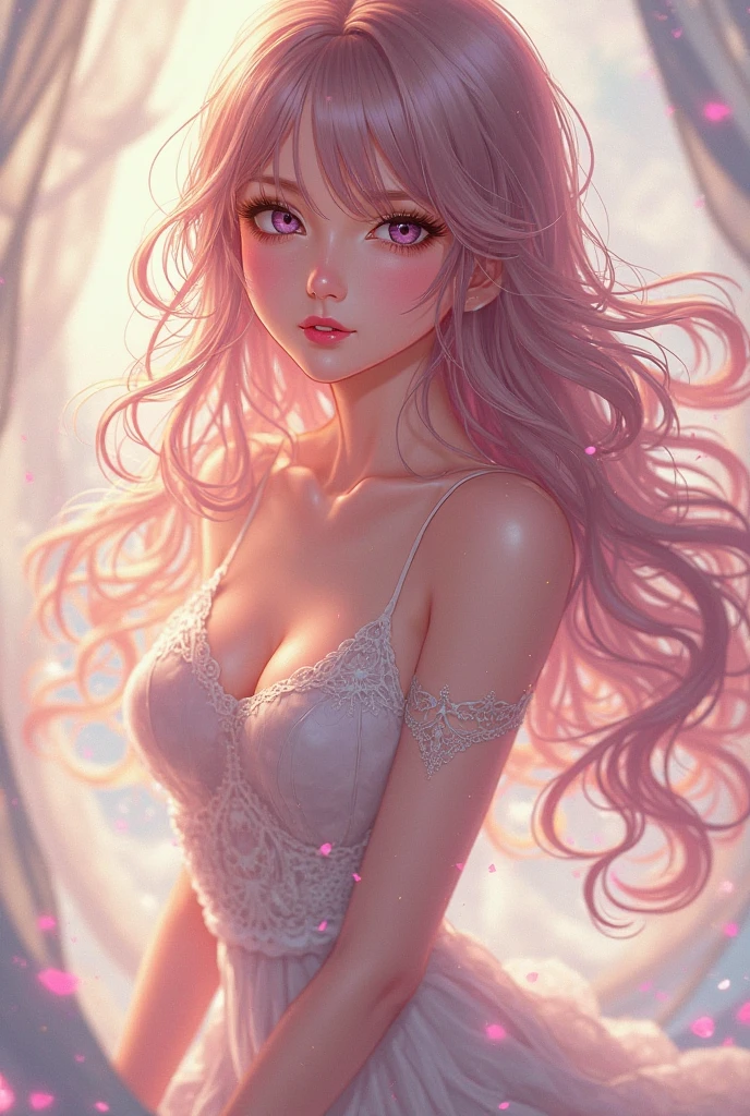 female, with light pastel pink beautiful LONG thick pastel pink hair that reaches the knees with beach waves and curls. Beautiful SILVER doe eyes. Light caramel brown skin tone. Extremely gorgeous and sensual. Very Small waist. Thigh gap. Wide hip. Bubble butt. Flat stomach. Big perky breasts. Sensual voice. Plump lips. Naturally gorgeous. Smooth perfect skin. extremely gorgeous. cute small elf ears. tiny diamond shaped silver gem on my forehead in the middle. mysterious. long thick lashes. BUT MODEST. very pretty. vixen like. One eye slightly covered with hair. ANIME