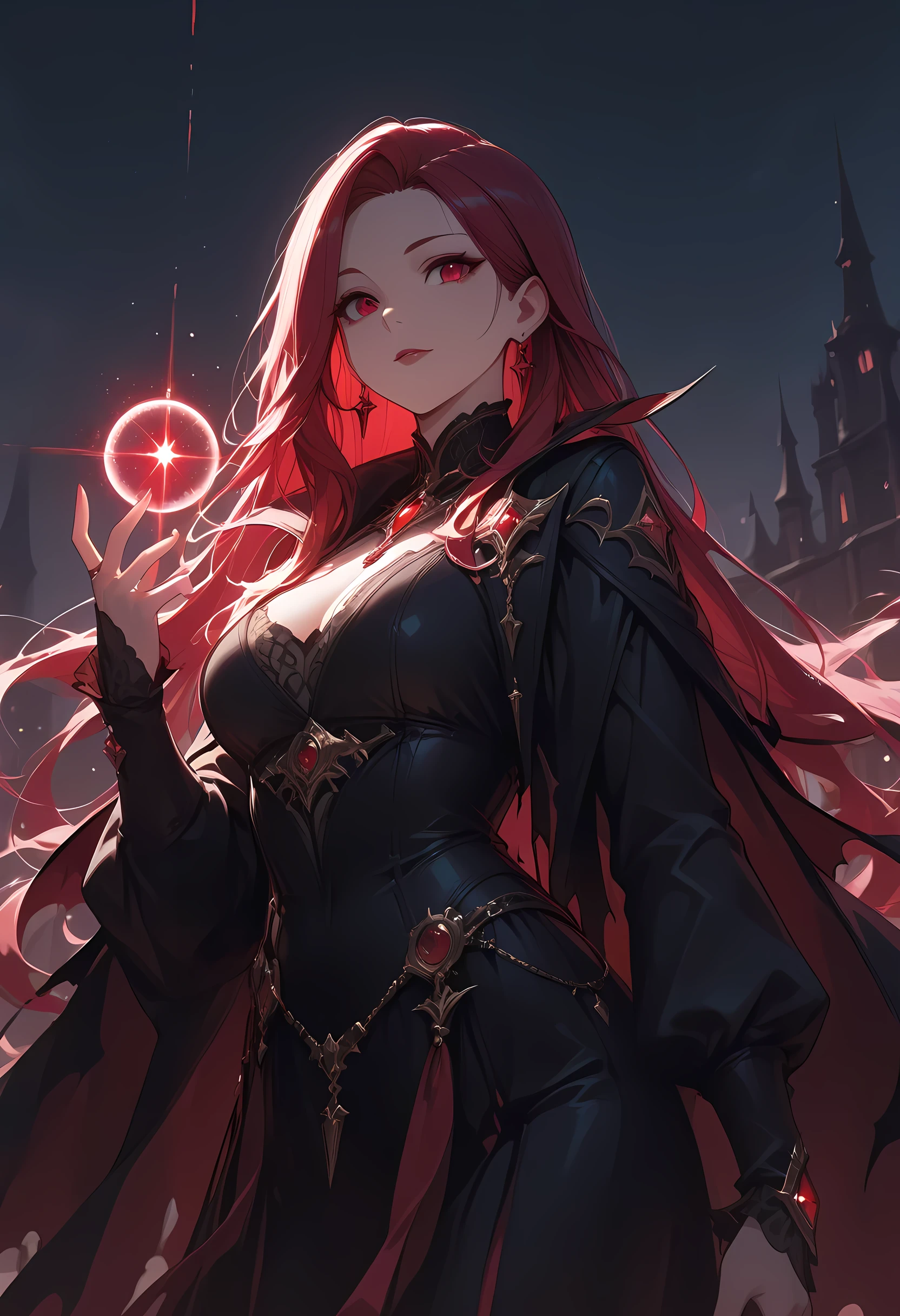 a picture of a young female vampire as she is looking into the infinite stars in the night sky the stars are reflected in her eyes, a beautiful mature female vampire, dynamic hair color, dynamic skin complexion, wearing dynamic dress, looking into the stars, the stars are reflected in her red eyes, night sky, many, many shining stars, various colors stars,  vibrant, Ultra-high resolution, High Contrast, (masterpiece), highest quality, Best aesthetics), best details, best quality, highres, 16k, [ultra detailed], masterpiece, best quality, (extremely detailed), glowing,ember, fantasy, fflix_ufantasy, 3DMM