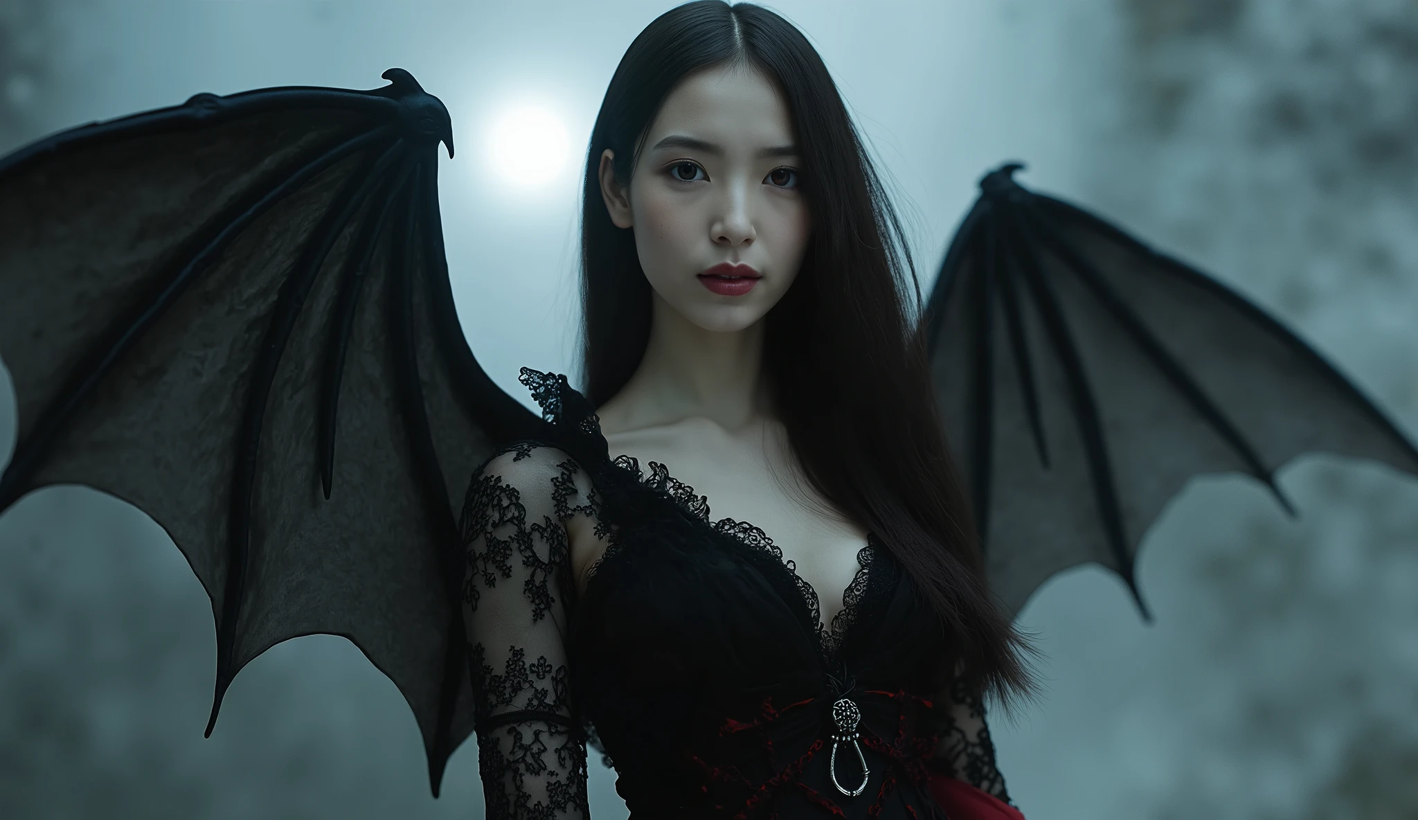 " dark, An ethereal and alluring vampire woman, The monstrosity of the strigoi and the fatal charm of Lilith combine. Her bat-like wings spread seductively, Moonlit Sky. Her captivating crimson eyes shine with eerie beauty, and her long , Her flowing black hair cascades down her flawless skin, Porcelain Skin. She is swathed in an elegant gothic outfit of black and crimson, Adorned with exquisite lace and jewellery, Complete the . background is breathtakingly beautiful — a fog-shrouded castle balcony spreads out, An enchanted forest bathed in silver moonlight, A star shining in an endless night sky々. Shadows swirl around her, Her presence is ghostly and divine."