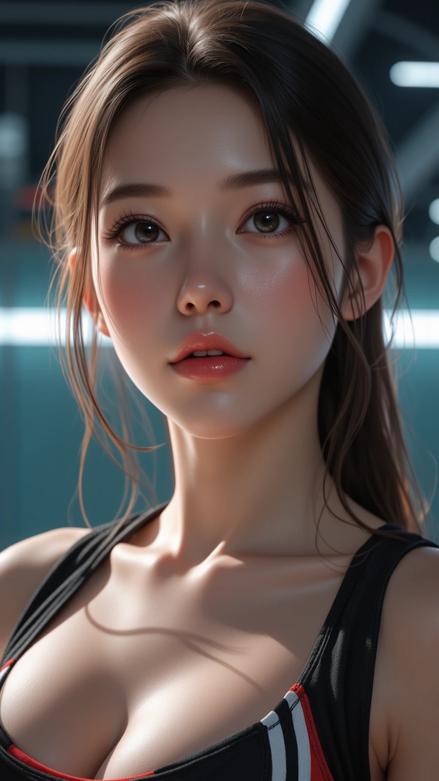 sandy blonde dutch braided updo hair,1girl,  gymnast performing in a competition, wearing pink gym clothes, in a dark gymnasium under a spotlight,  Upper BodyFrom Below ,
nsfw,
(ultra realistic,32k, masterpiece:1.2),(high detailed skin:1.1),( high quality:1.1),
detailed hair,
intricate detail,
(detailed realistic background:1.3),
realistic lighting,
[cinematic lighting|sunset lighting],
hyperrealism,
soothing tones,
muted colors,
high contrast,
soft light,
sharp,
artistic photoshoot,
cute,slender,european, eyes,pale cheeks,square face shape with angular jaw,natural "no-makeup" makeup, heavy rain,