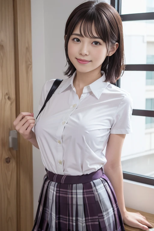 1girl, Chinese girl, solo, facing viewer, smile, 8k, masterpiece, (((short brown hair, bangs))), (((white shirt with collar))), (short sleeves, unbuttoned), ((pleated tartan skirt)), posing for a picture, highly detailed face and skin texture, detailed eyes, realistic, daytime, high resolution, 8k, medium breast, cleavage: 1.2, classroom, table, chair, blackboard, window, 8k, cowboy shot, sexy poses