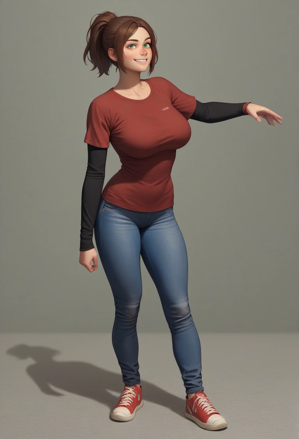 Photorealistic, (full body:1.8), low angle, (seen from below), a spanish young woman, (long sleeve v-neck wool sweater:1.8), (thight low rise jeans), a hyperrealistic beautiful young girl with grayish blue eyes in glasses, (small tits:1.8), (hips and groin showing: 1.5), high detailed official artwork, beautiful girl with slim body and sensual posture, long legs, attractive young woman, (atractive poses:1.3), (crossed arms holding her  up:1.8), at bench in the (natural foggy forest:1.2), natural background, dubnitskiy david fanart, realistic portrait, smooth photorealistic, perfect visual of a cute girl, cute girl with skinice soft face, face focus, makoto shinkai and artgerm, photon mapping, natural light, warm color tones, vivid colors, cool ambient, foggy atmosphere