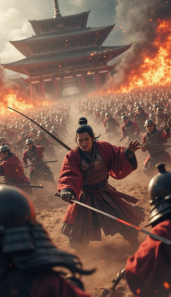 ハイビジョン映像では、本能寺事変当日の夜明けの戦闘シーン(戦国時代の京都の本能寺)　織田信長のクローズアップ、白兵戦、織田信長自身が戦っている、複数の火が焚かれ、武士が戦っており、戦場の中心にいた織田信長が敵に包囲され、甲冑を着た武士がおり、激闘のディテール、高解像度の戦場、本能寺での接近戦、戦場のスポットを動画解像度{×}で映し出される高解像度の戦闘マーク、激闘シーン、高解像度デジタルペイント、戦国時代の戦時時代、細部までこだわった風景。