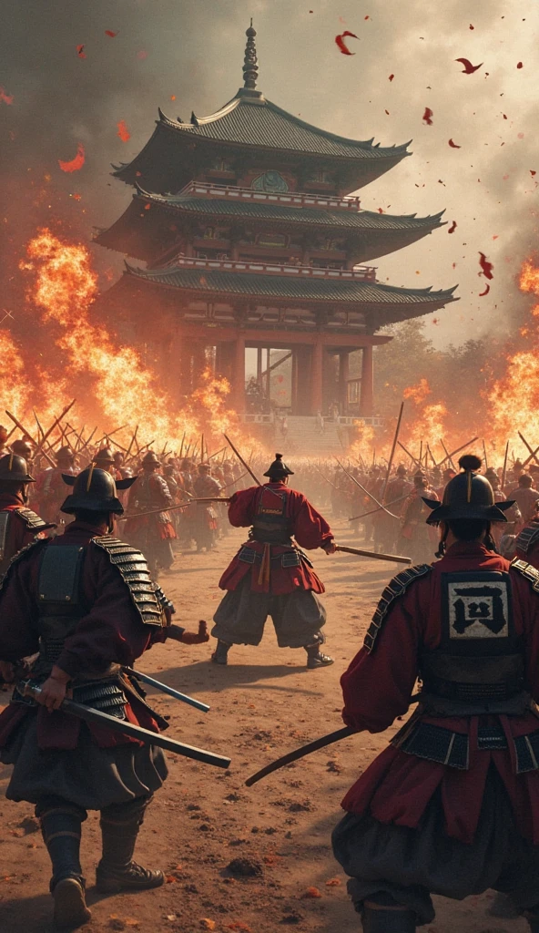 ハイビジョン映像では、本能寺事変当日の夜明けの戦闘シーン(戦国時代の京都の本能寺)　織田信長のクローズアップ、白兵戦、織田信長自身が戦っている、複数の火が焚かれ、武士が戦っており、戦場の中心にいた織田信長が敵に包囲され、甲冑を着た武士がおり、激闘のディテール、高解像度の戦場、本能寺での接近戦、戦場のスポットを動画解像度{×}で映し出される高解像度の戦闘マーク、激闘シーン、高解像度デジタルペイント、戦国時代の戦時時代、細部までこだわった風景。