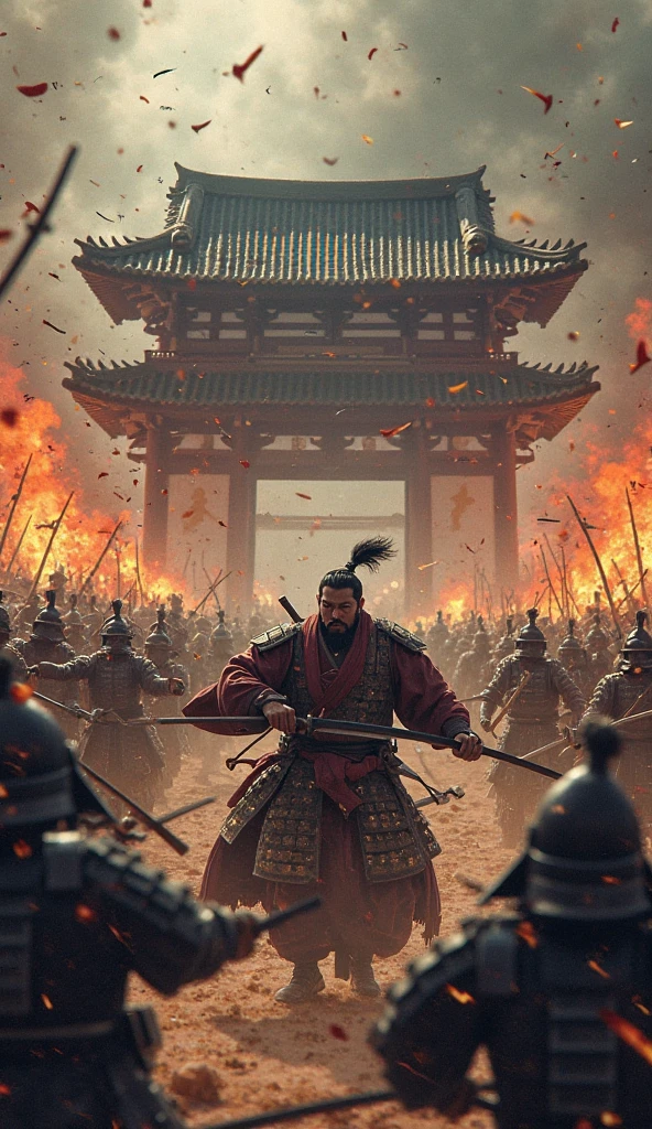 ハイビジョン映像では、本能寺事変当日の夜明けの戦闘シーン(戦国時代の京都の本能寺)　織田信長のクローズアップ、白兵戦、織田信長自身が戦っている、複数の火が焚かれ、武士が戦っており、戦場の中心にいた織田信長が敵に包囲され、甲冑を着た武士がおり、激闘のディテール、高解像度の戦場、本能寺での接近戦、戦場のスポットを動画解像度{×}で映し出される高解像度の戦闘マーク、激闘シーン、高解像度デジタルペイント、戦国時代の戦時時代、細部までこだわった風景。