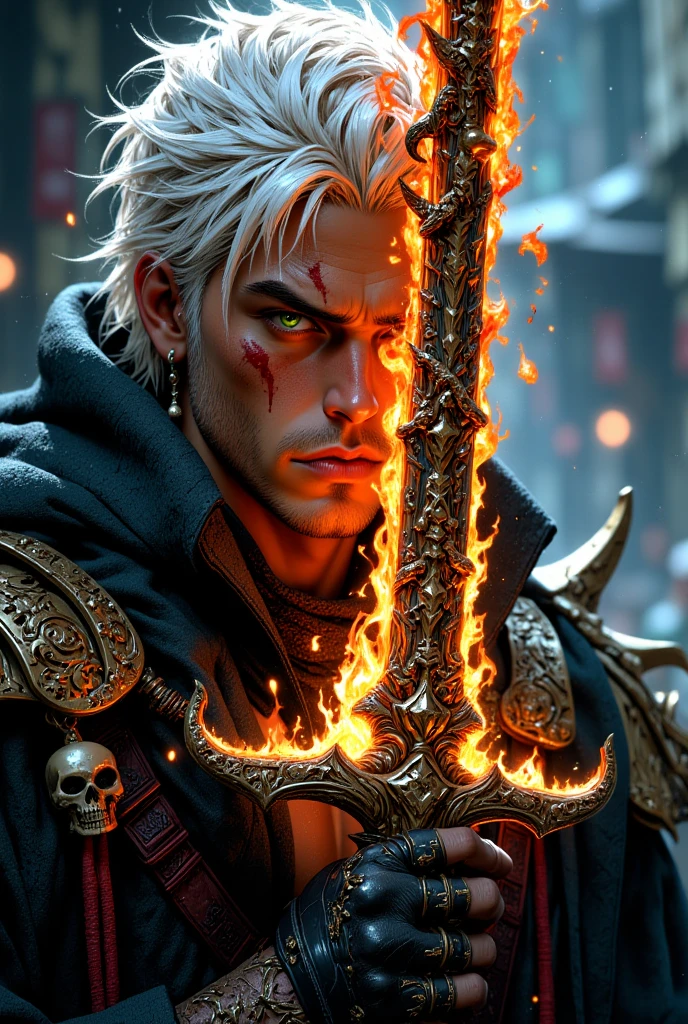 (Zombie King, with sharp claws, rotten body, with a trace of blood at the corner of his mouth, ancient battlefield, surrounded by gunsmoke, background is the battlefield on the border of the Qin Kingdom, : 1.5, surrounded by fire, smoke), surrounded by blue and black lightning particles, (best quality), extremely delicate and beautiful, amazing, fine detail, masterpiece, hyper-detail, high resolution, (best illustration), (best shadow), complex, stunning skin detail, clear focus, volumetric fog, 8k UHD, DSLR, high quality, (film grain: 1.4)