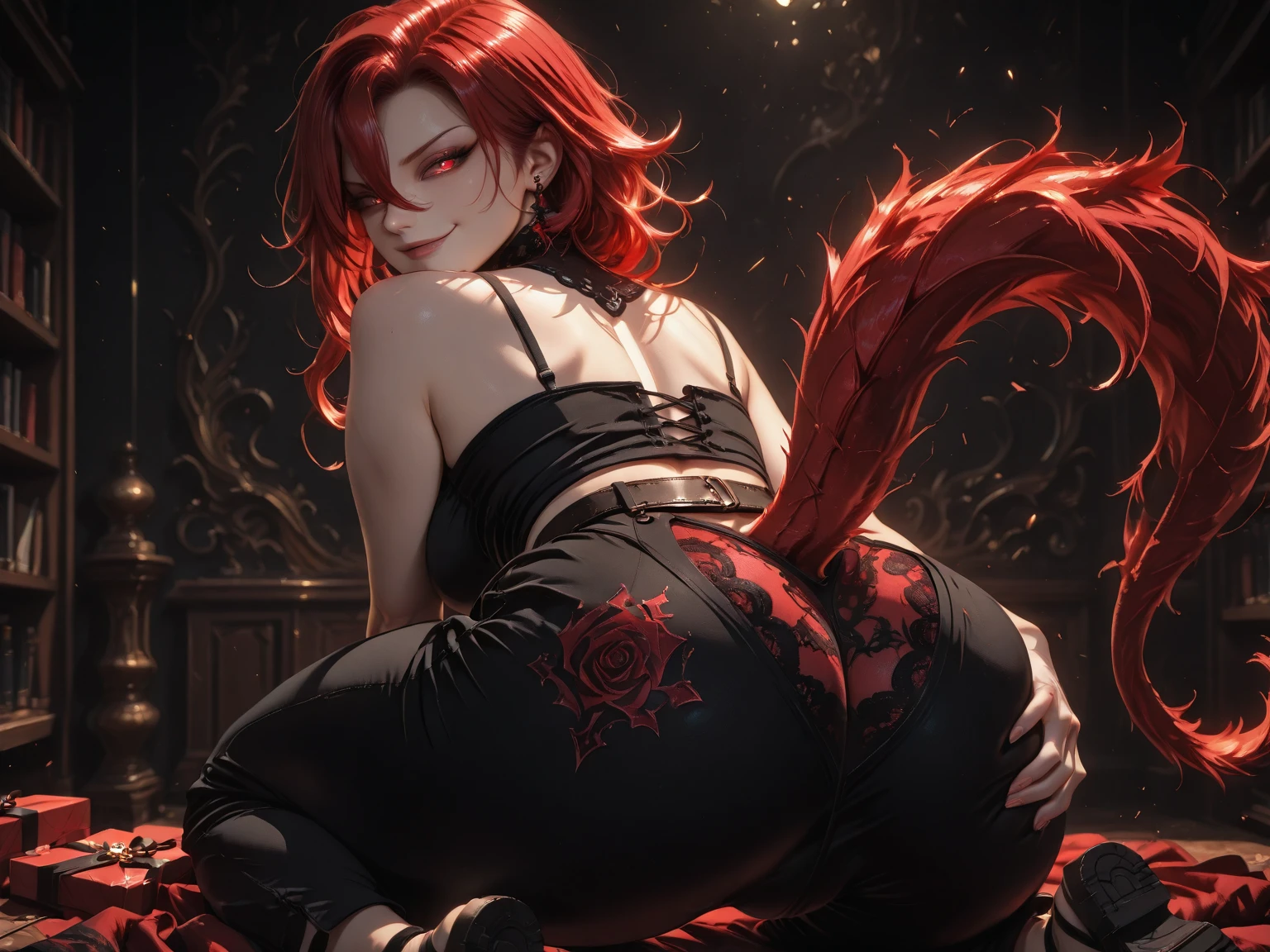 women, red head, night, (scrawny), pigtails, white room, torn demonic bodysuit, glowing nipples, ((glowing ribcage)), ((drooling)), digitigrade legs, long furry tail, rope, whip scars, arms and legs bound tight by chains, anus, gaped, bent over, view from behind