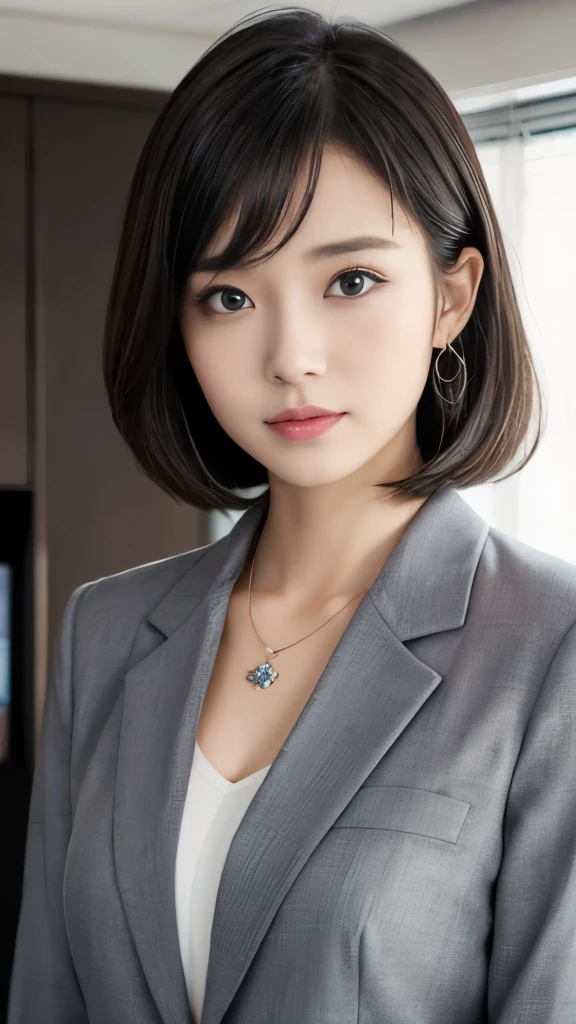 Neat and young woman、looking at camera、office lady suit、gray jacket、shirt、necklace、hairstyle shortcuts、耳にピアス、ネックレス、 黒髪、upper body、The background is room cleaning