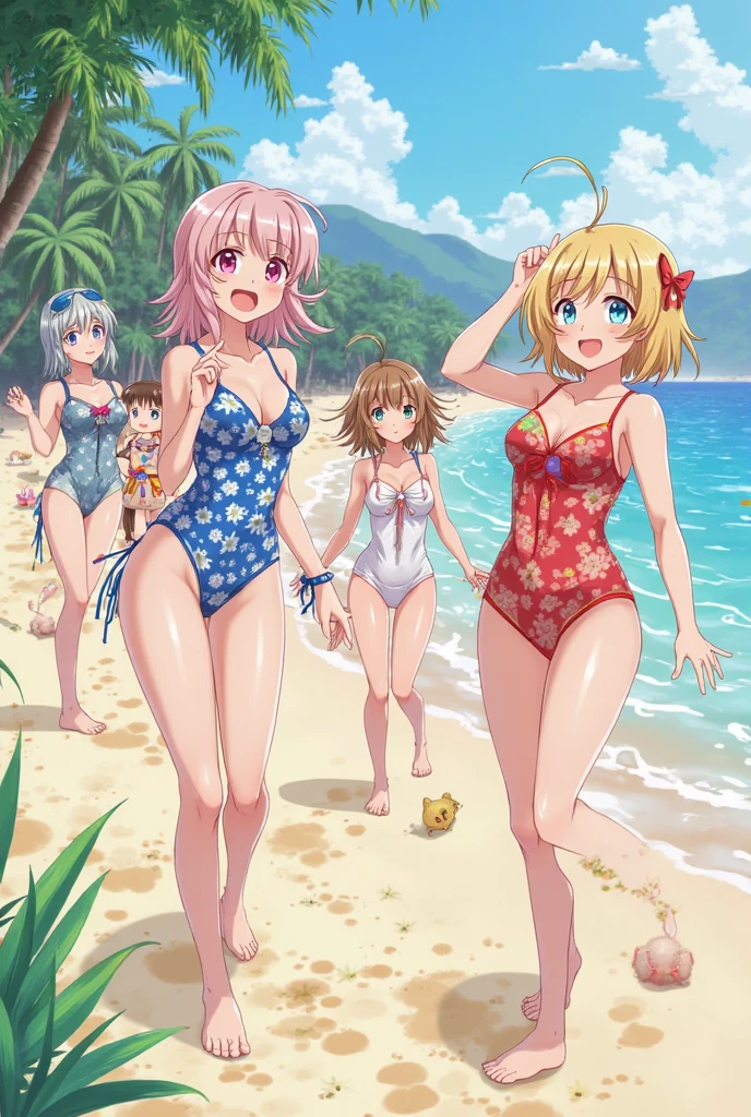 tanaka hime, pink hair, streaked hair, multicolored hair, sidelocks, suzuki hina, blonde hair, long hair, skinny,medium breasts, himehina, 2girls, bikini, sunglasses, beach, ocean, looking at viewer, smirk, blush, sweat, arms behind head, masterpiece, best quality,open mouth,tongue,grin,from below