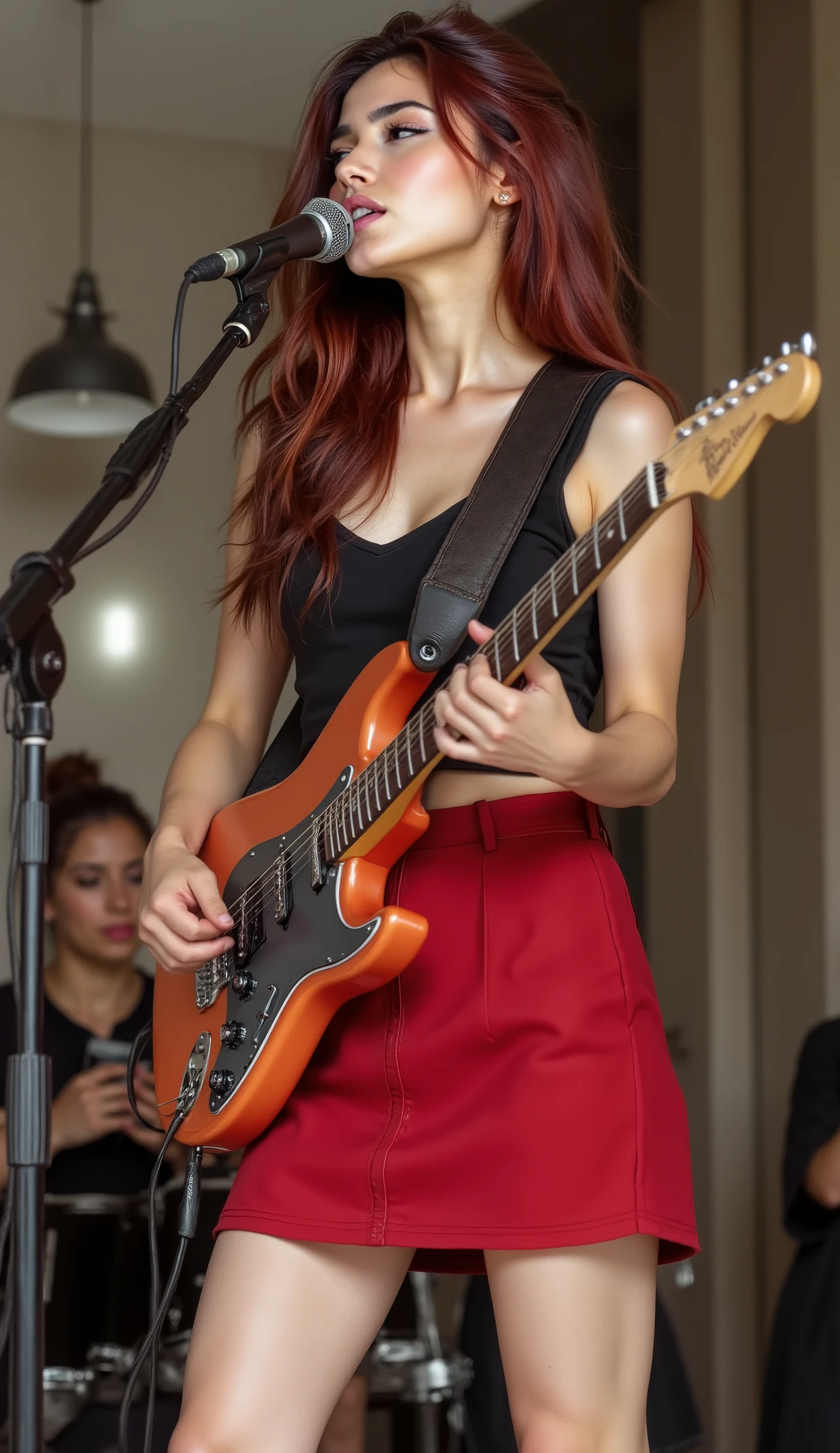 a beautiful girl in short red skirt is singing and playing electric guitar full body