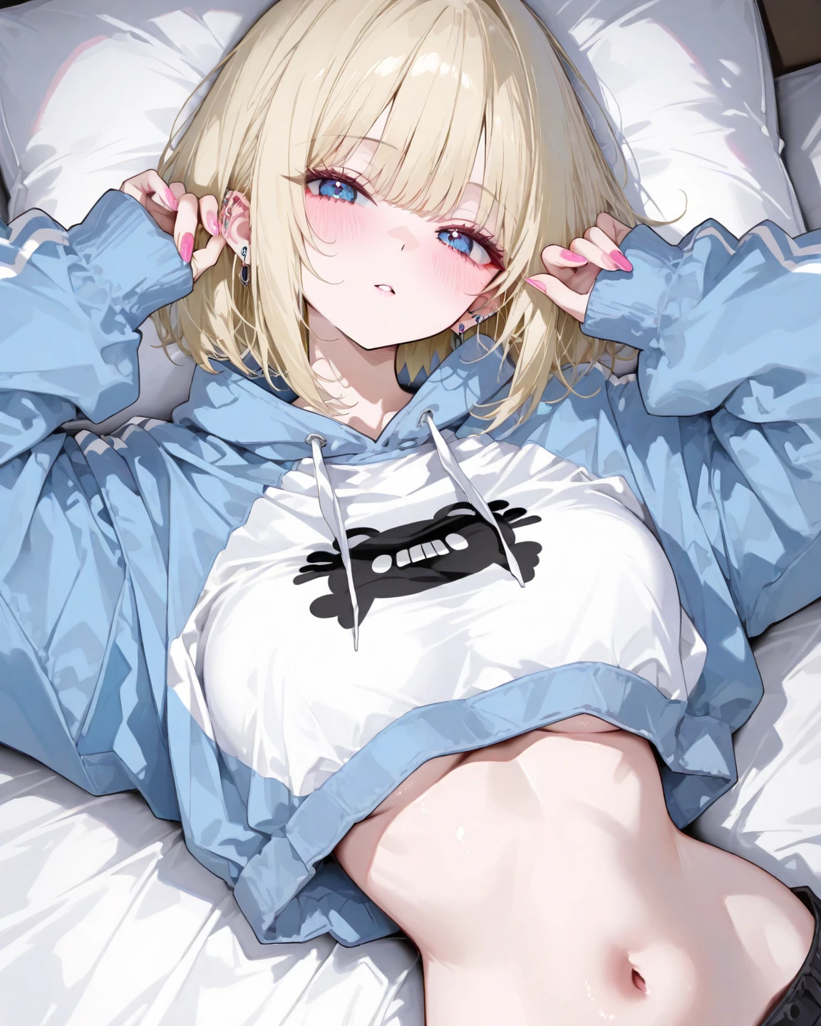(masterpiece), (best quality), (illustration), (Super detailed), (high resolution), perfect anatomy, absurd, a girl, (Mirror sound_return), (singing voice), short hair, hairpin, Big Smile, (blonde), Very Lovely Girl, small, young, Beautifully, focus on girl, bedroom, Lovely, she, Smile, best moments, middle school, blue eyes, Bright Eyes, Lively eyes, Lovely, permanent, thigh, Sweet, Innocent, Love love, Loving viewers, clean skin, beautiful body, Lovely face, Delicate arms, boyfriend's gaze, Lively eyes, Neat, bare legs, Dubbo Dubbo hoodie, perfect hood,short shorts, white hoodie, black shorts, beautiful girl, blue sky, Energetic, best girlfriend, happiness, cat ears, Lying in bed, Lying in bed, naughty mood